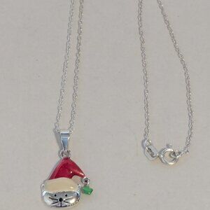 SU 925 Sterling Silver Christmas Santa Hat Cat Kitty Pendant Necklace